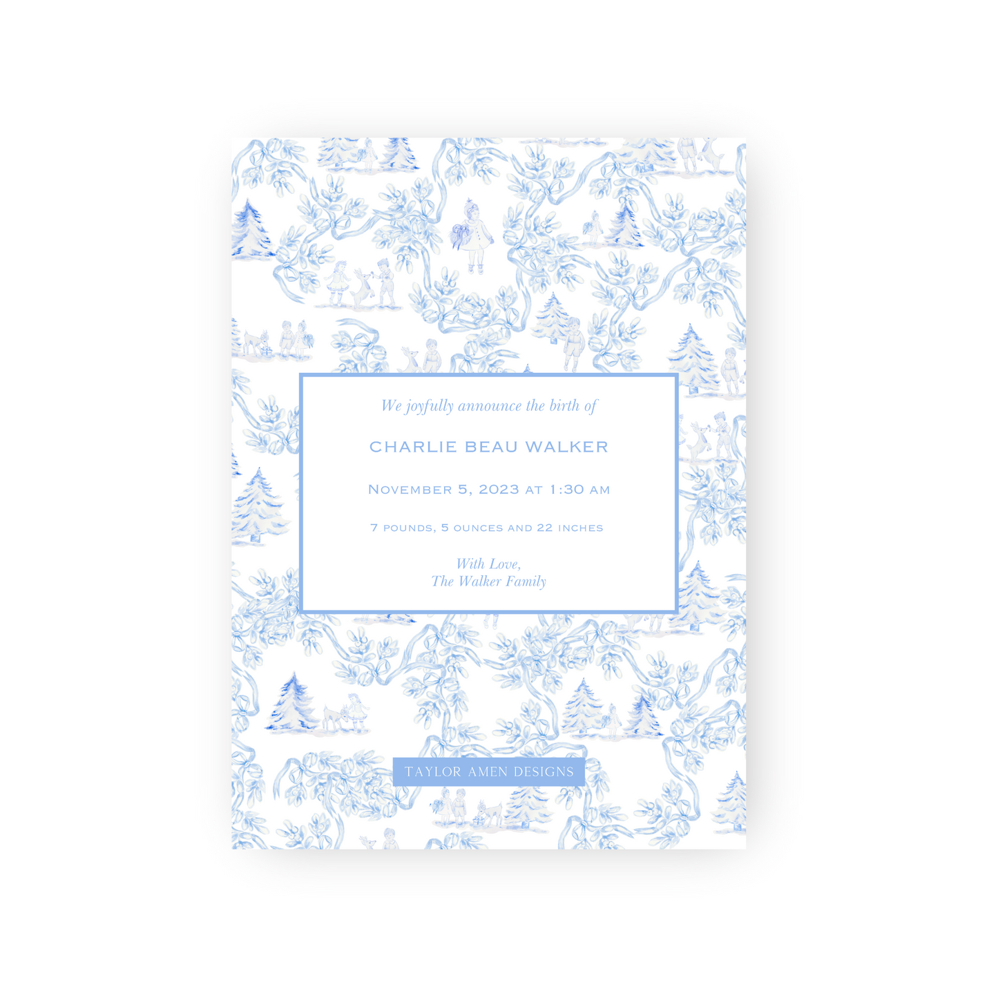 Blue Christmas Toile Holiday Card