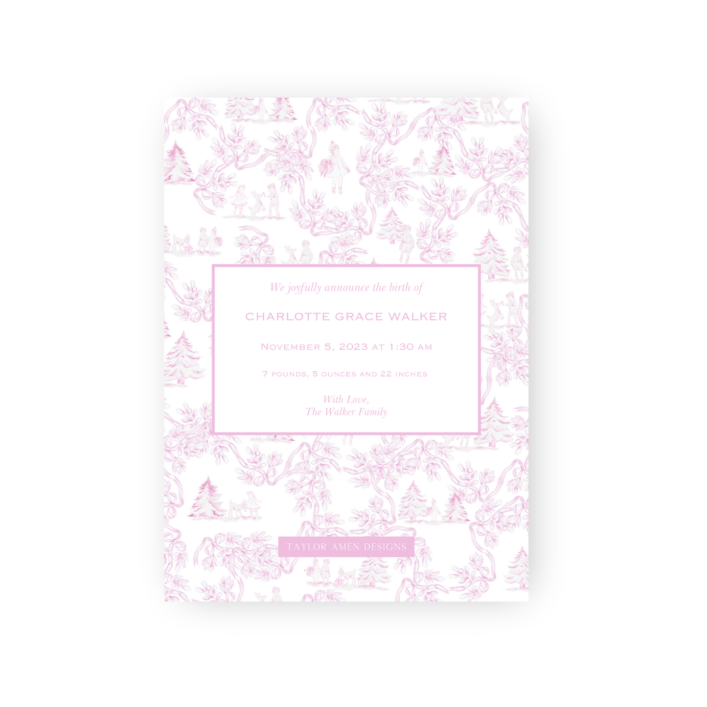 Pink Christmas Toile Holiday Card