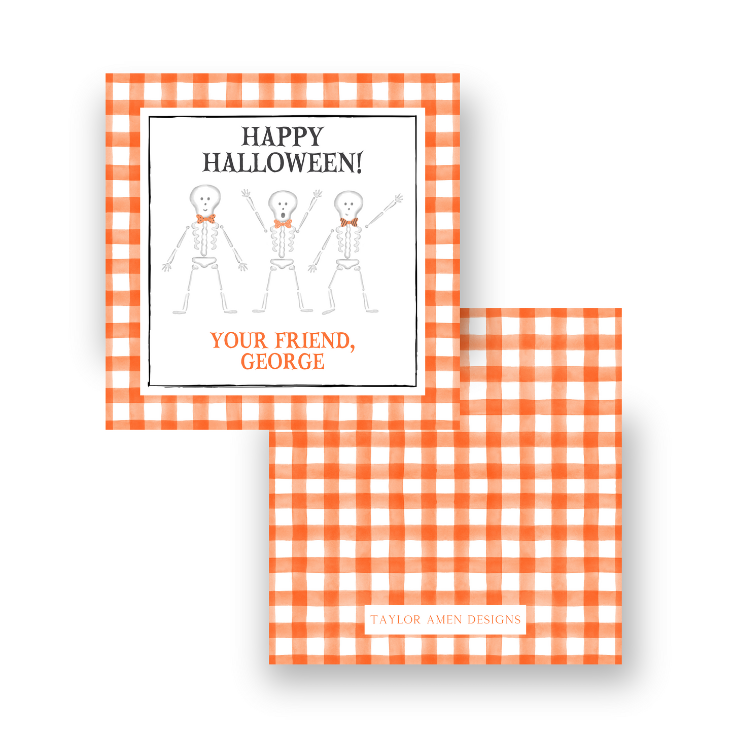 Orange Gingham Skeleton Halloween Tag