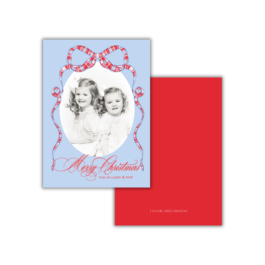 All Tied Up Blue and Red Tartan Bow Christmas Card