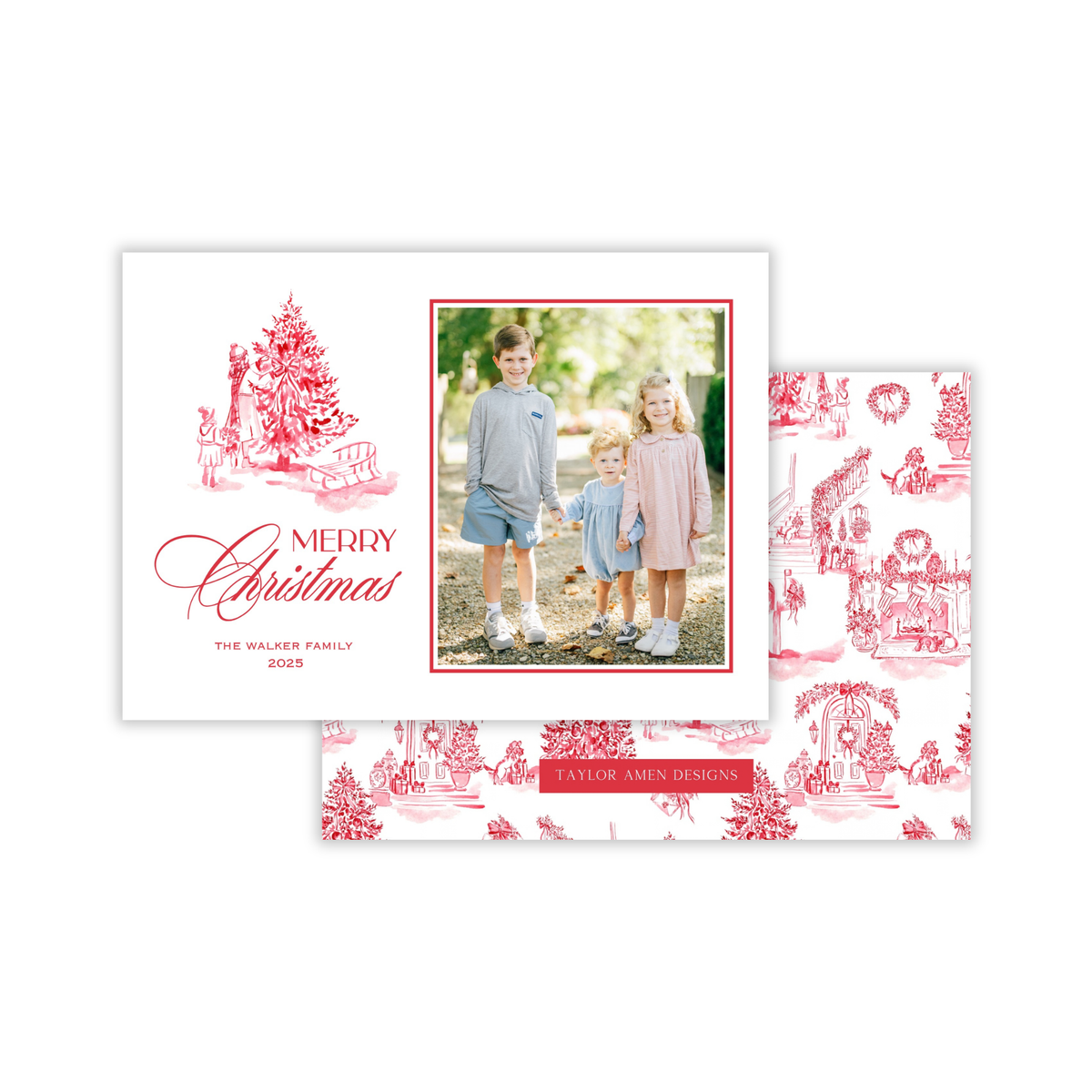 Red Christmas Toile Holiday Card
