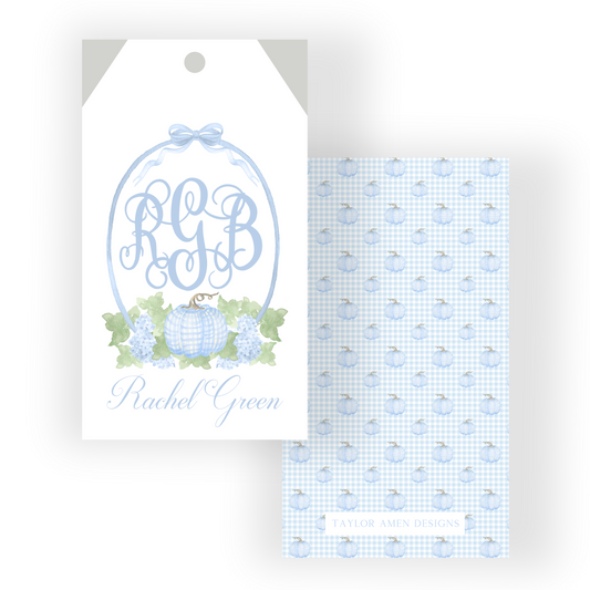 Blue Pumpkin Bow Monogram Crest Tag