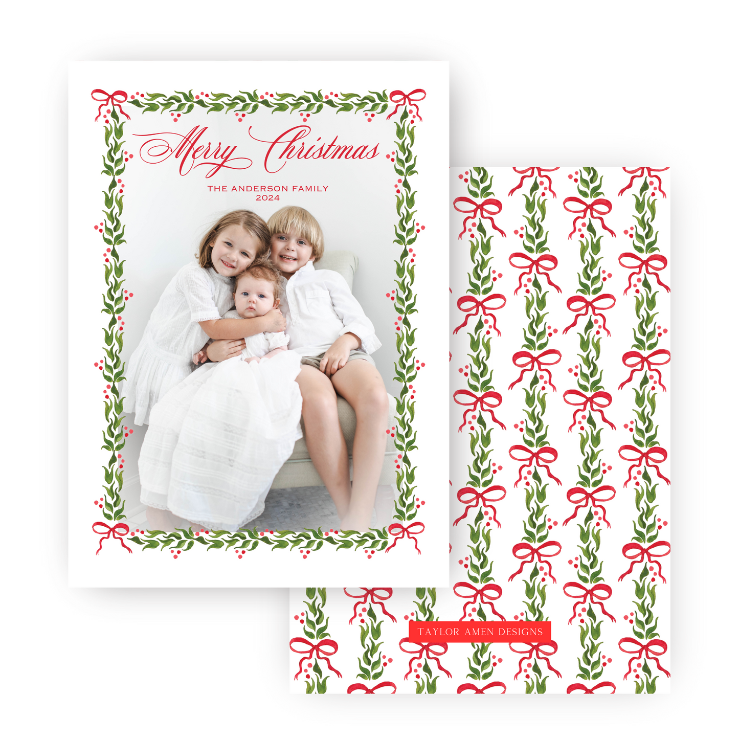 Dainty Hollies & Bows Holiday Card